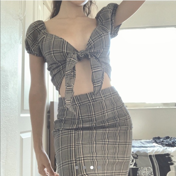 Brown Plaid “About Us” mini two piece set - Picture 3 of 4